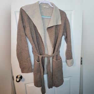 A Ida Women Medium Cardigan Sweater Tie Belt Wool Blend Brown Beige Made In Itay